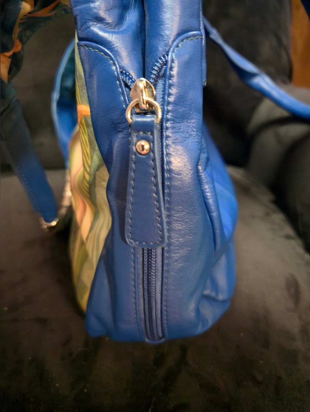 Sharif Blue Leather Shoulder Bag with Yellow Floral Bird-of-Paradise Accent - Picture 8 of 9